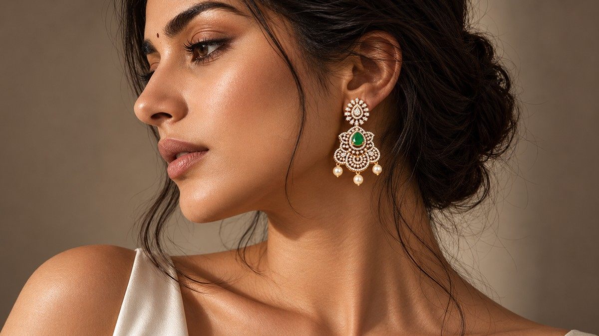 Emerald and pearl drop earrings in gold-plated 925 silver - Vilva Jewels Madurai