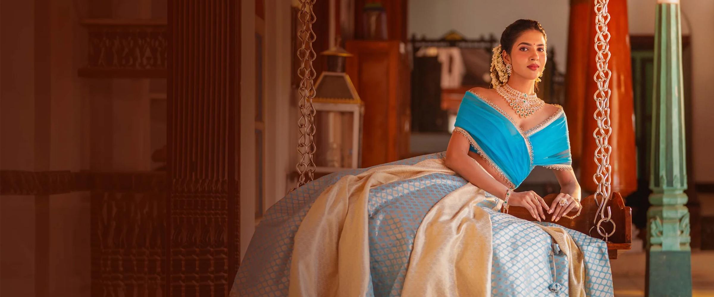Model wearing a Vilva Jewels necklace set in gold-plated 925 silver - Vilva Jewels Madurai